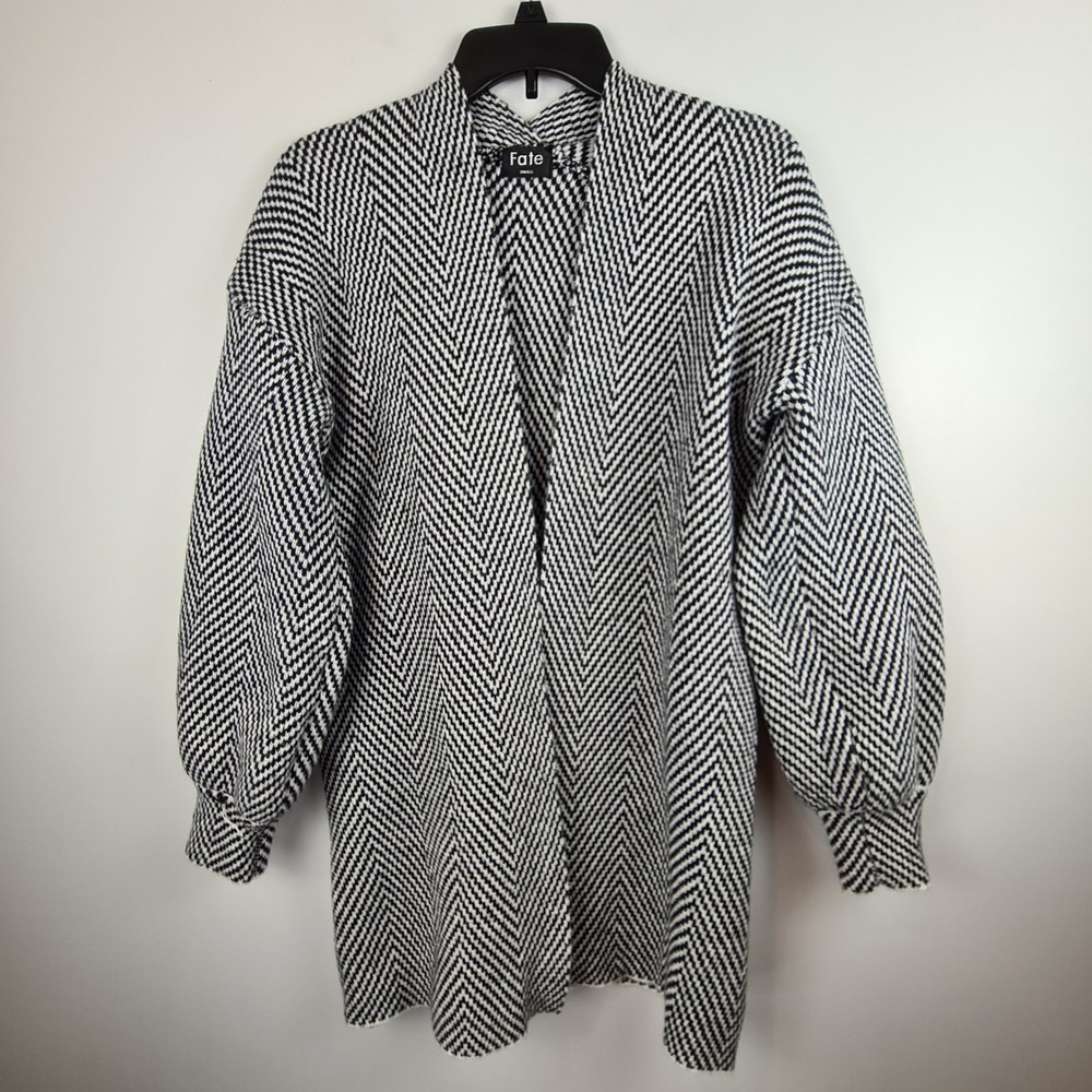 Fate Womens Black White Chevron Knit Open Front Balloon Sleeve Cardigan Small
